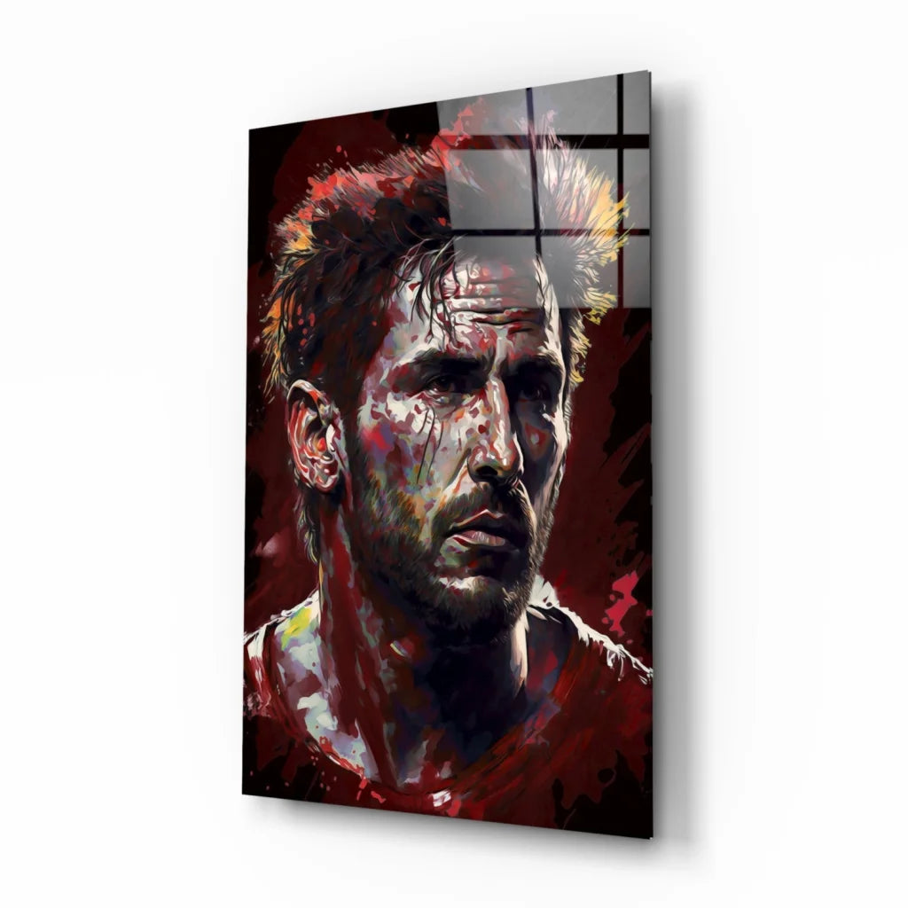 Bold red and black abstract portrait glass wall art of spiky-haired man