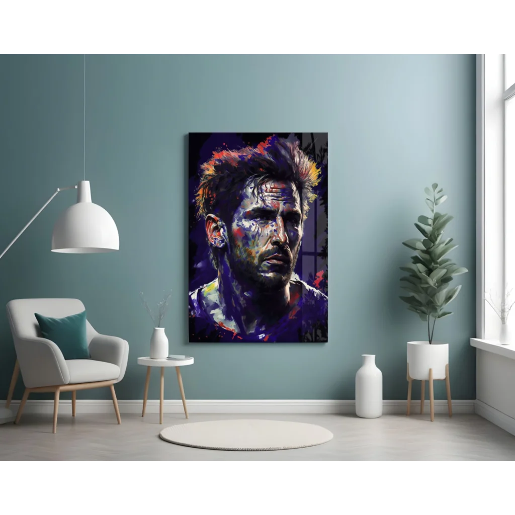Vibrant abstract man portrait on explosive color splash glass wall art