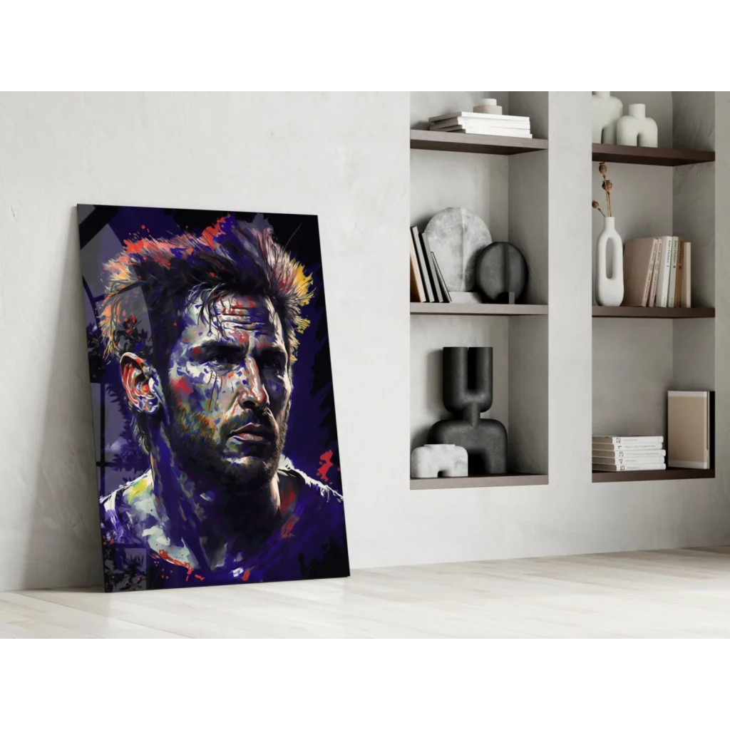 Vibrant explosive color splash glass wall art portrait of spiky-haired man