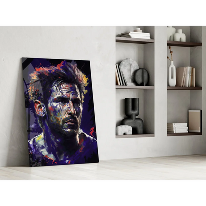 Vibrant explosive color splash glass wall art portrait of spiky-haired man