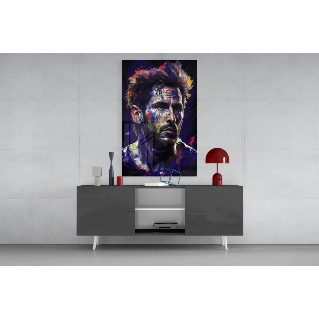 Vibrant man portrait glass wall art with explosive multicolored paint strokes on dark canvas