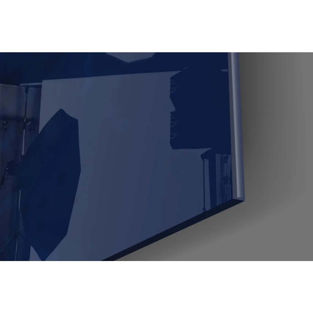 Sleek dark blue reflective glass wall art of Messi Barcelona electric blue jersey print