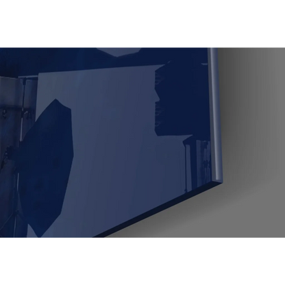 Sleek dark blue reflective glass wall art of Messi Barcelona electric blue jersey print