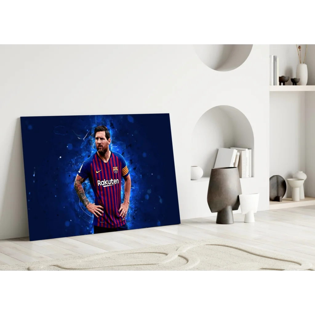 Messi Barcelona jersey canvas wall art with Rakuten on electric blue background