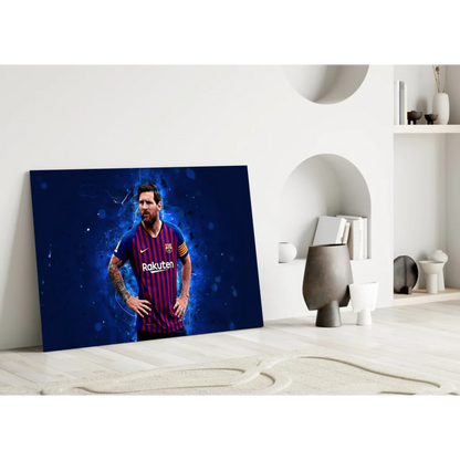 Messi Barcelona jersey canvas wall art with Rakuten on electric blue background
