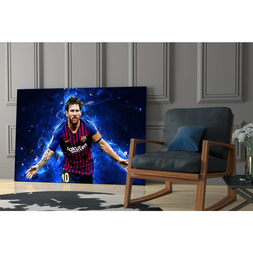 Vibrant Messi Barcelona jersey canvas wall art with electric blue stripes