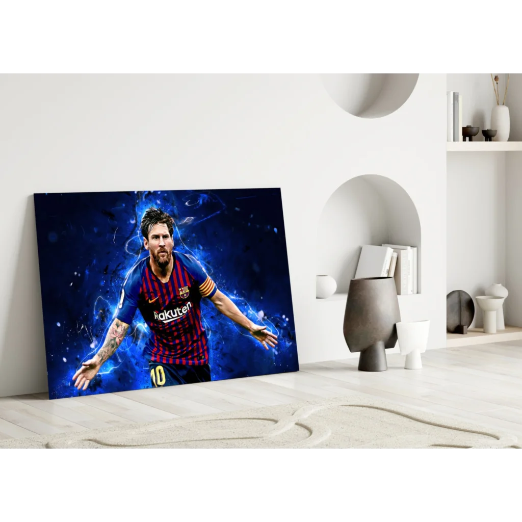 Vibrant Lionel Messi Barcelona jersey wall art canvas print in blue and red