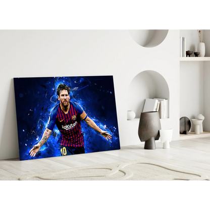 Vibrant Lionel Messi Barcelona jersey wall art canvas print in blue and red