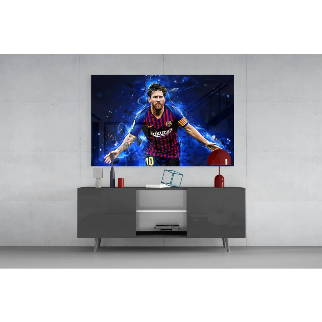 Vibrant Messi Barcelona jersey glass wall art on sleek TV screen