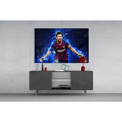 Vibrant Messi Barcelona jersey glass wall art on sleek TV screen