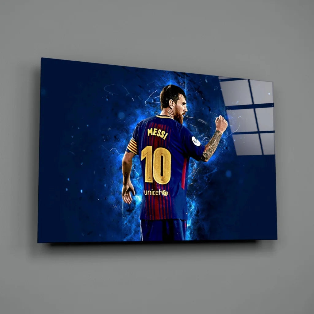 Messi Barcelona Canvas Wall Art Electric Blue Jersey Print | Glass Wall Art Print | vintageantiquesgifts.com