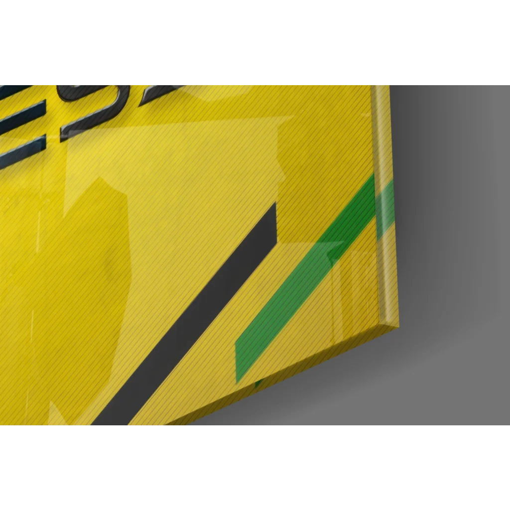 Vibrant yellow Messi number 10 wall art with bold black and green stripes