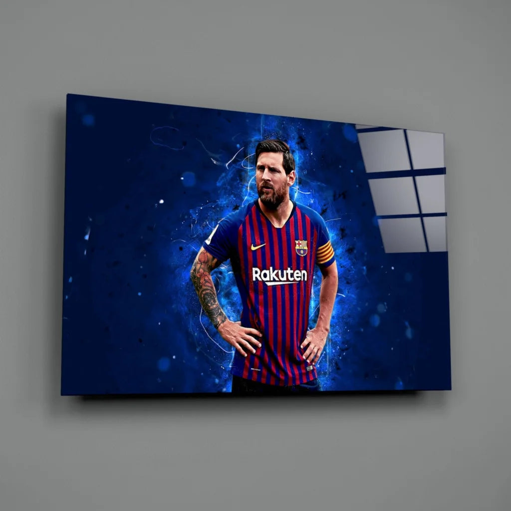 Dynamic Lionel Messi in blue red FC Barcelona jersey wall art with electric blue energy