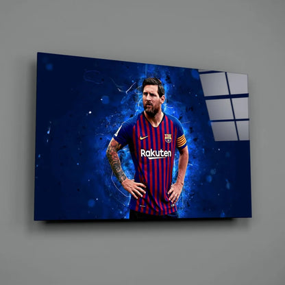 Dynamic Lionel Messi in blue red FC Barcelona jersey wall art with electric blue energy