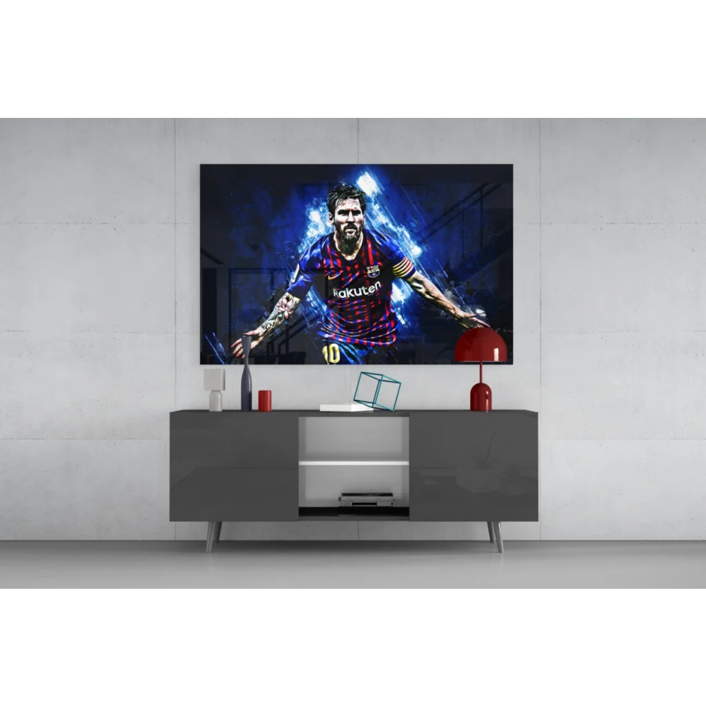 Vibrant Messi glass wall art on Barcelona jersey TV display