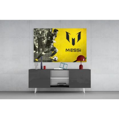 Vibrant yellow Messi number 10 canvas wall art with iconic jersey shot