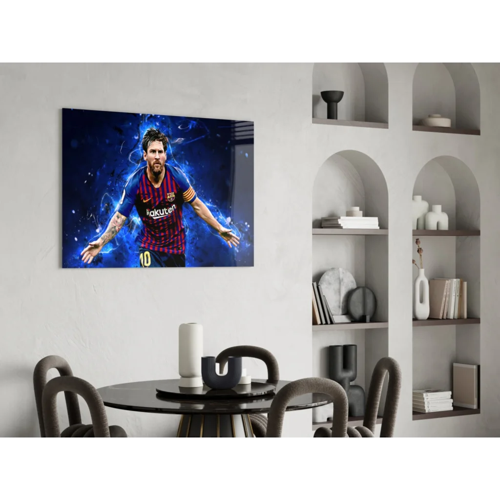 Vibrant Messi Barcelona jersey wall art print in electric blue