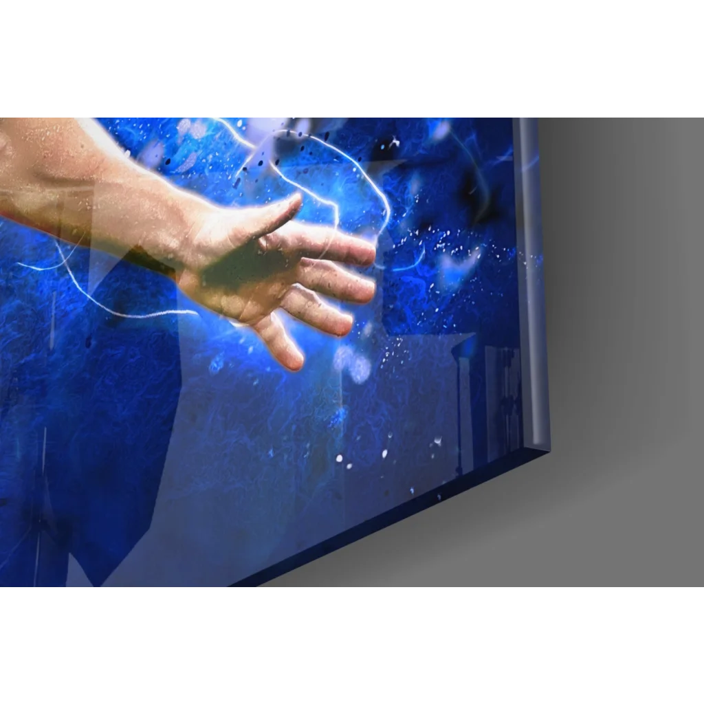 Sleek blue cosmic glass wall art of Messi Barcelona jersey with glowing lines