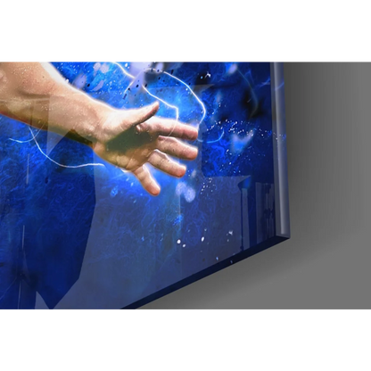 Sleek blue cosmic glass wall art of Messi Barcelona jersey with glowing lines