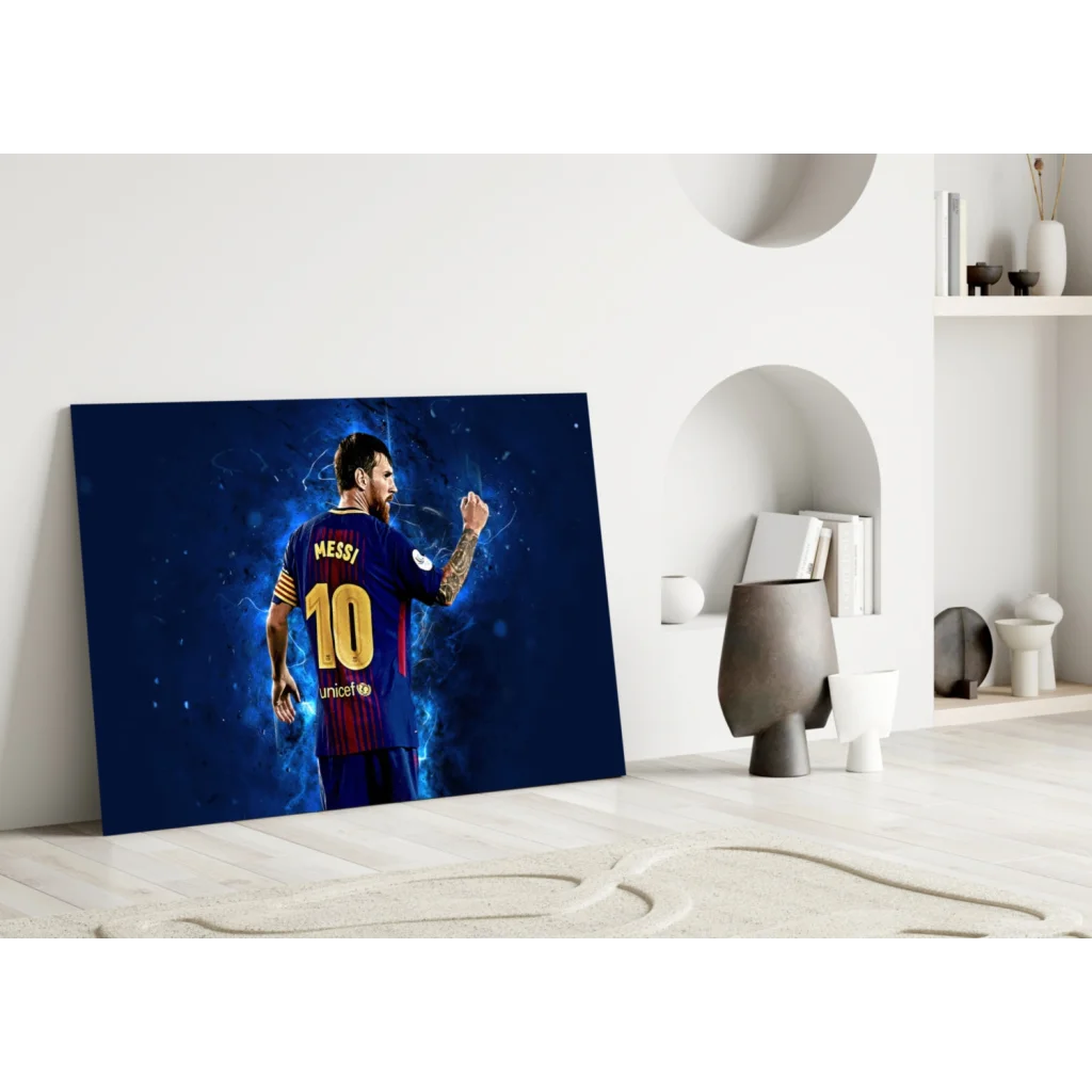 Messi Barcelona Canvas Wall Art Electric Blue Jersey Print | Modern Wall Art Decor | vintageantiquesgifts.com