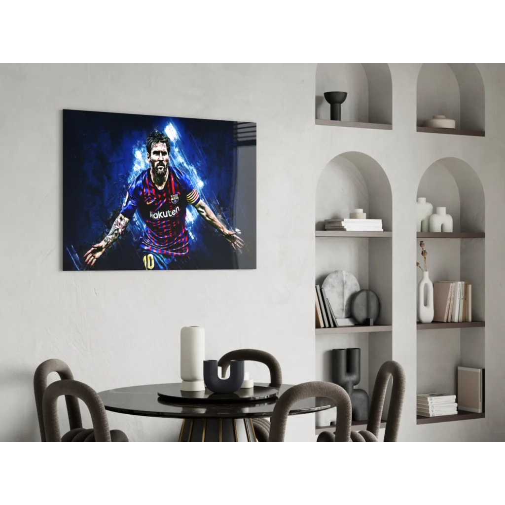 Vibrant Lionel Messi in Barcelona jersey on glass wall art with blue purple lights