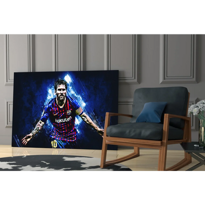 Vibrant Messi in Barcelona jersey on stunning glass wall art print