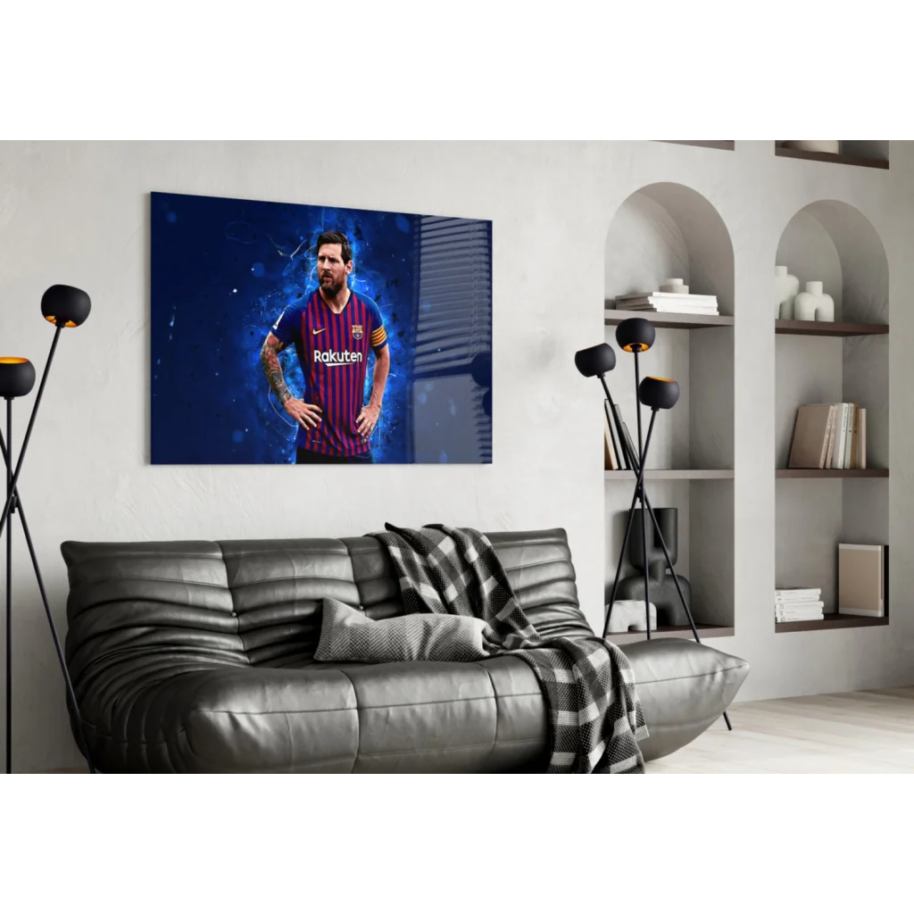 Vibrant Lionel Messi in FC Barcelona jersey on electric blue wall art canvas