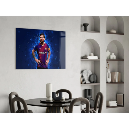 Vibrant Messi Barcelona jersey canvas wall art with Rakuten logo