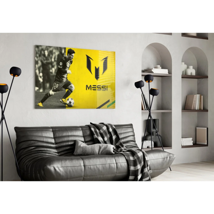 Vibrant yellow Messi number 10 canvas wall art with bold black B&W action shot