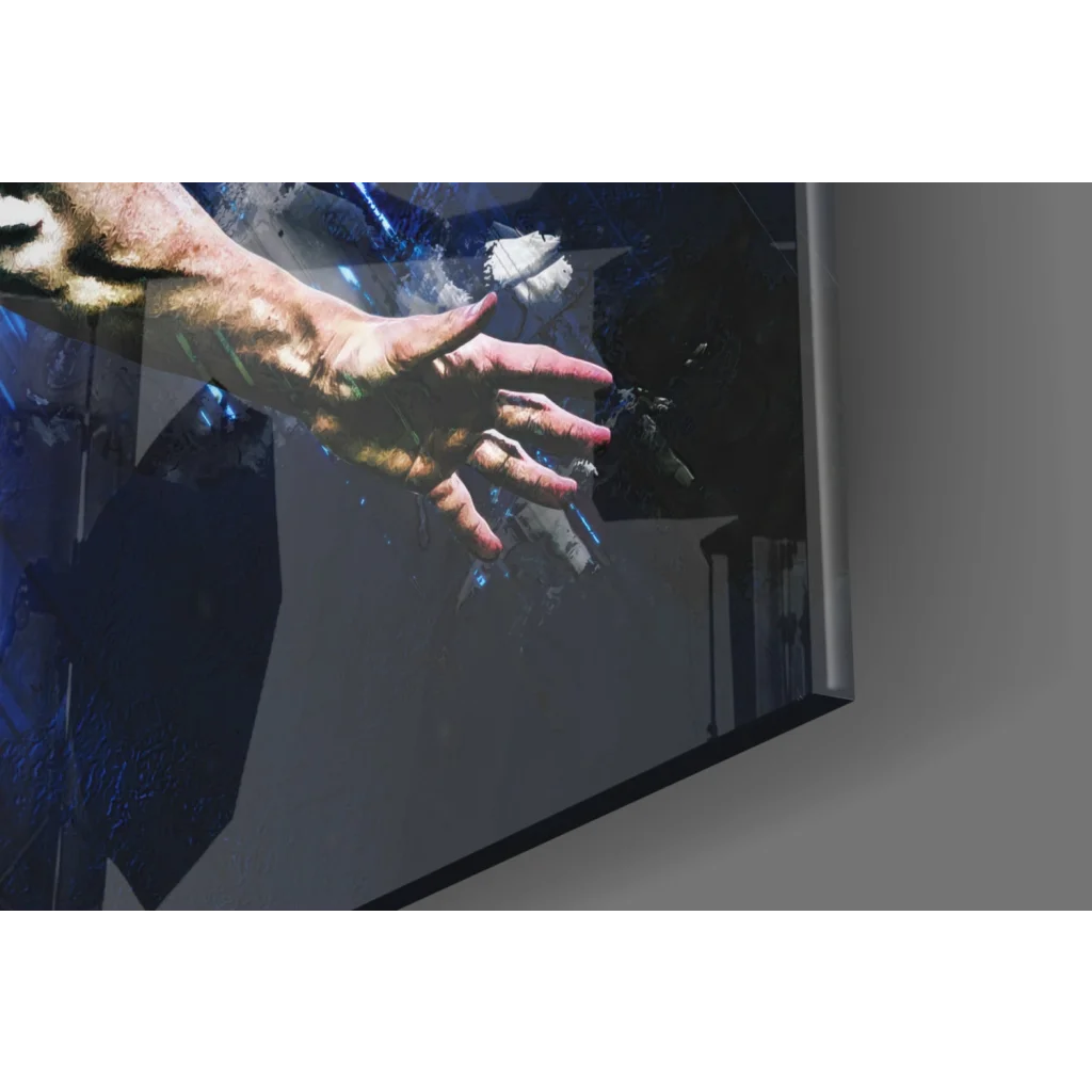 Stunning glass wall art print of hand through shattered glass