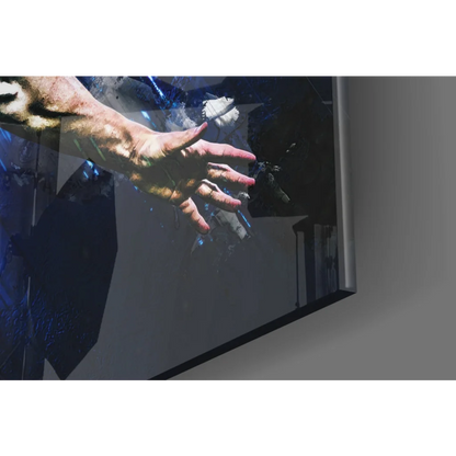 Stunning glass wall art print of hand through shattered glass