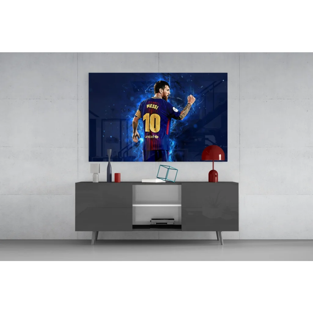 Lionel Messi in vibrant blue FC Barcelona jersey wall art print