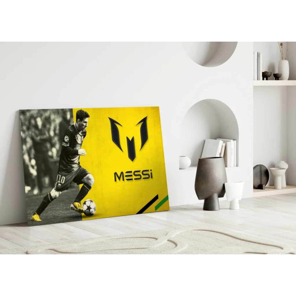 Vibrant yellow canvas wall art of Lionel Messi in number 10 jersey