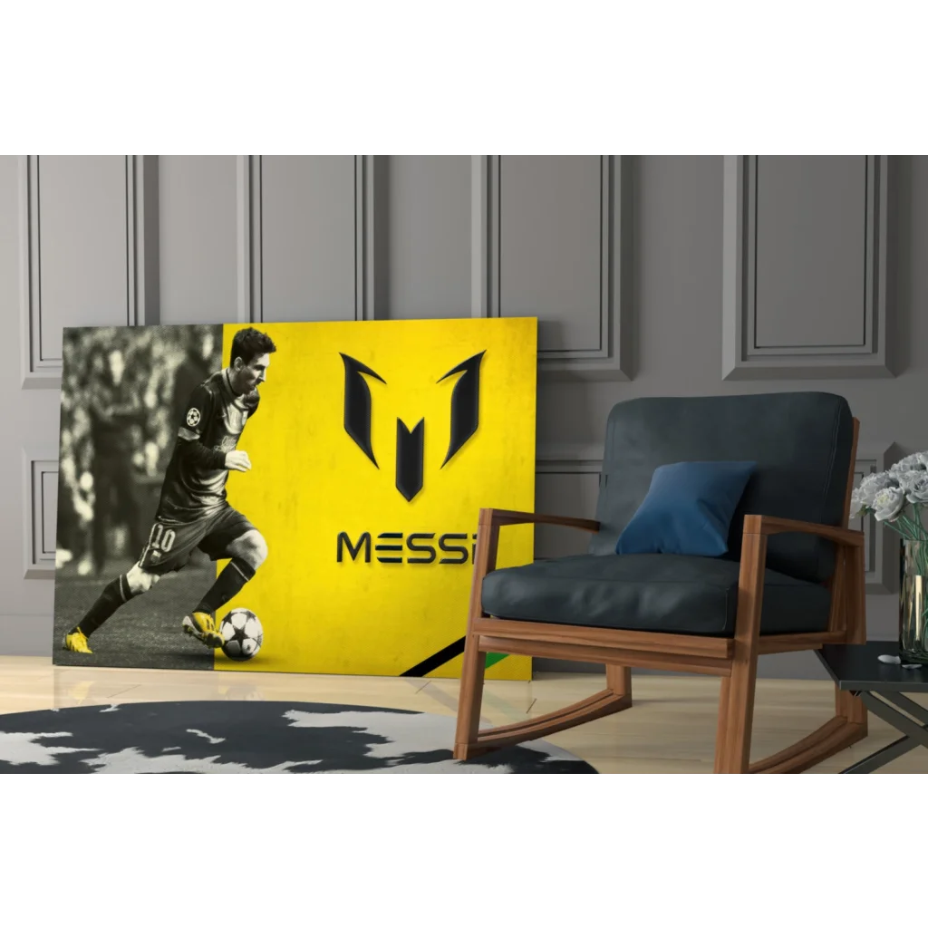 Vibrant yellow Messi number 10 canvas wall art with bold action shot