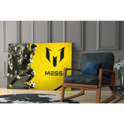 Vibrant yellow Messi number 10 canvas wall art with bold action shot
