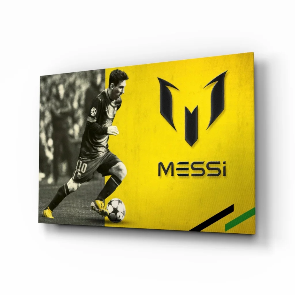 Bold yellow Messi number 10 canvas wall art with action photo