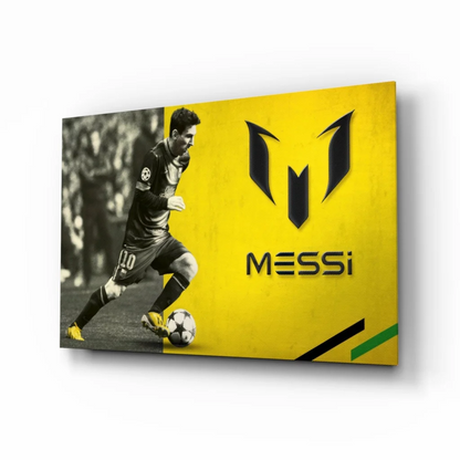Bold yellow Messi number 10 canvas wall art with action photo