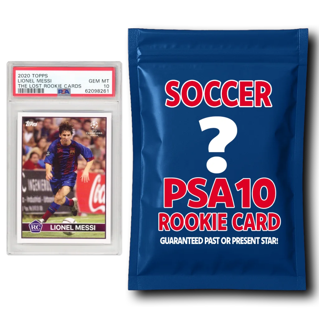 2019 Topps Lionel Messi PSA 10 rookie card in case with Ronaldo Yamal Clark