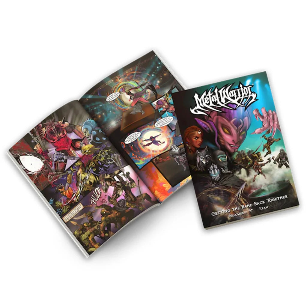 Metal Warrior comic books with colorful illustrations and a vinyl record collector set