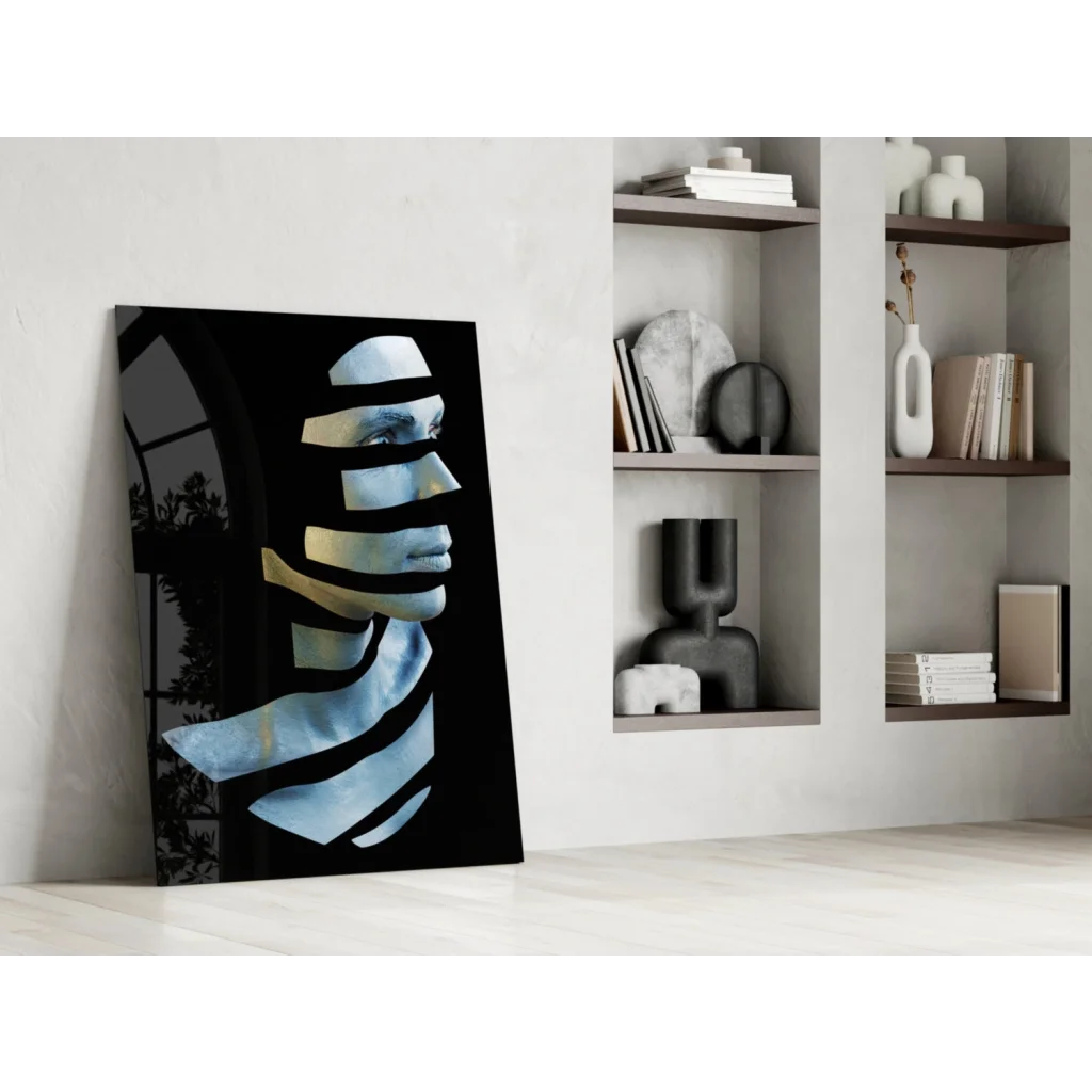 Stylized blue gold abstract face on black canvas glass wall art