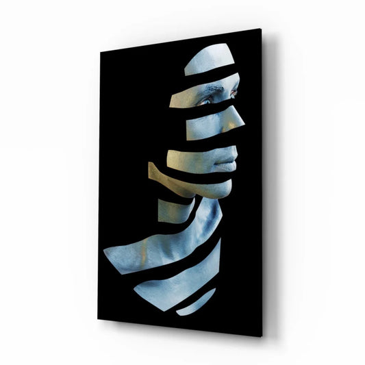 Modern metallic blue gold abstract face glass wall art canvas portrait