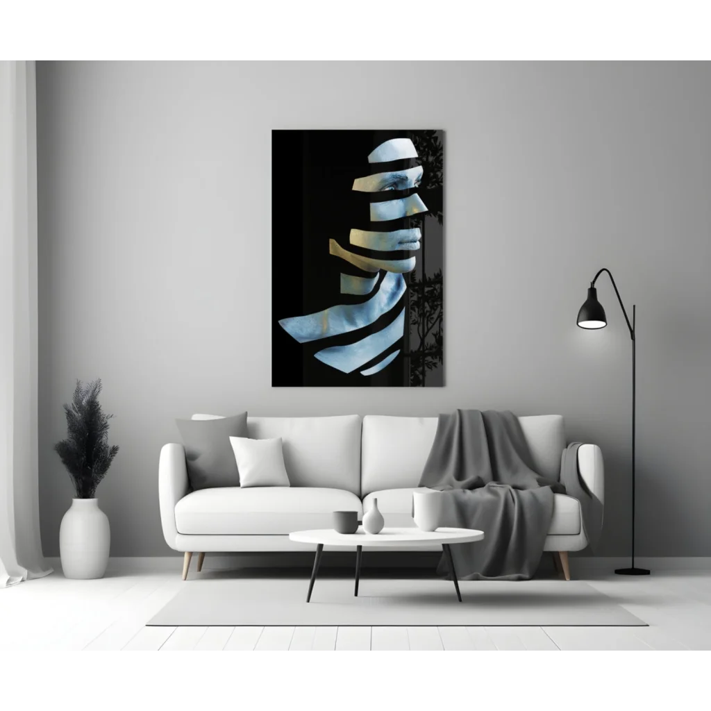 Metallic blue gold abstract face glass wall art canvas portrait