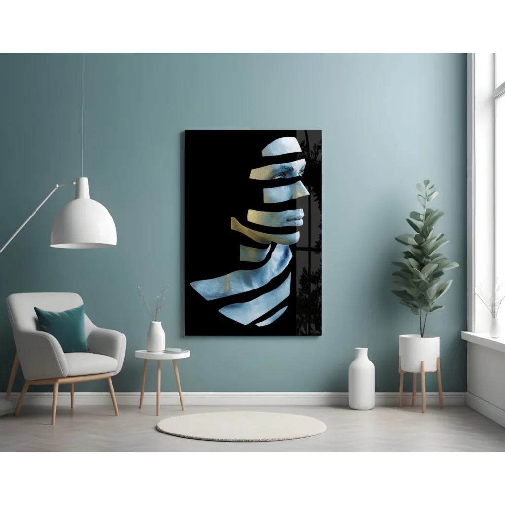 Metallic blue gold abstract face glass wall art with layered blue white shapes