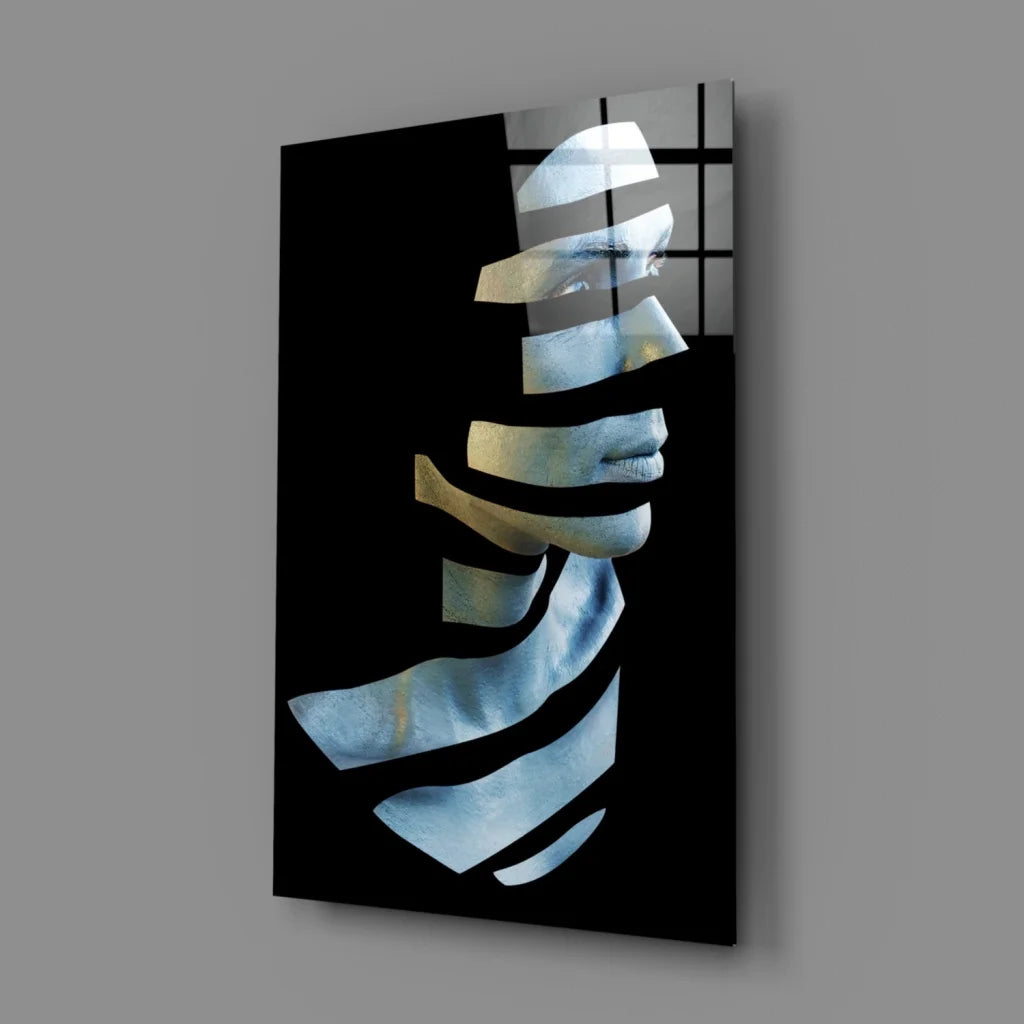 Abstract metallic blue face glass wall art canvas in cool tones