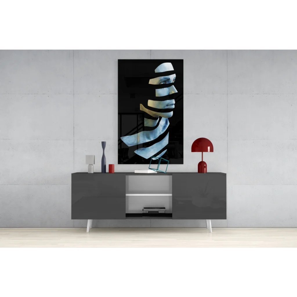 Abstract metallic blue gold face glass wall art with bold black white stripes