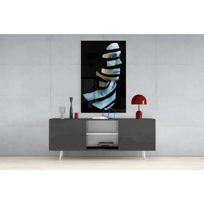 Abstract metallic blue gold face glass wall art with bold black white stripes