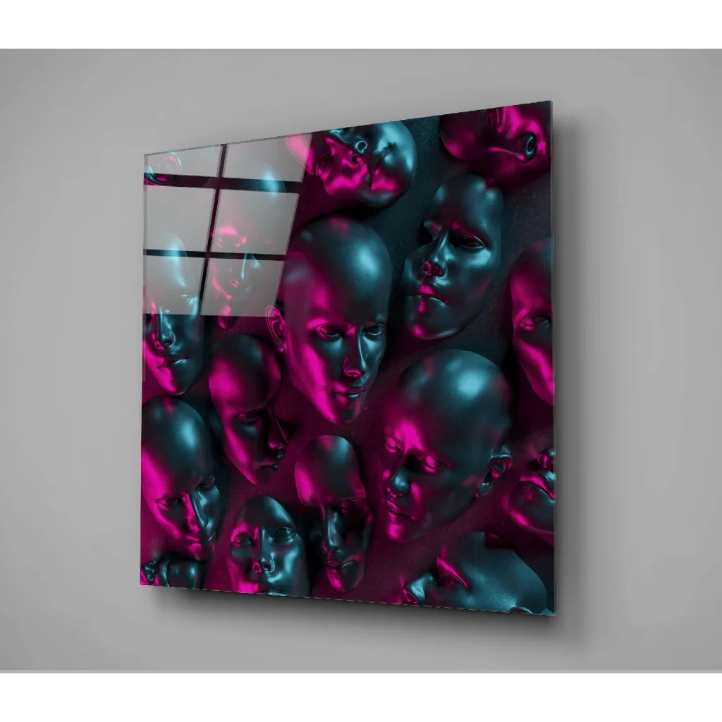 Vibrant metallic faces glass wall art in magenta and teal