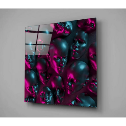 Vibrant metallic faces glass wall art in magenta and teal