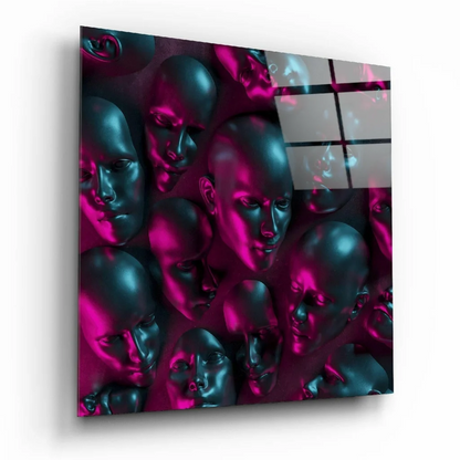 Sleek metallic faces glass wall art in magenta and teal glow