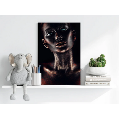 Black canvas print of metallic gold glitter woman with glowing blue eyes